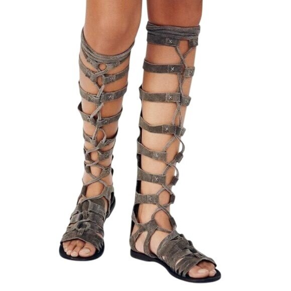 Free People Cypress Tall Gladiator Leather Sandal Size 37 Open Toe Back Zip Boho - Picture 1 of 7